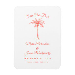 Modern Coral Palm Tree Beach Wedding Save the Date Magnet