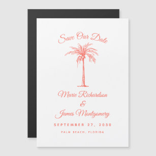 Modern Coral Palm Tree Beach Wedding Save the Date Magnetic Invitation