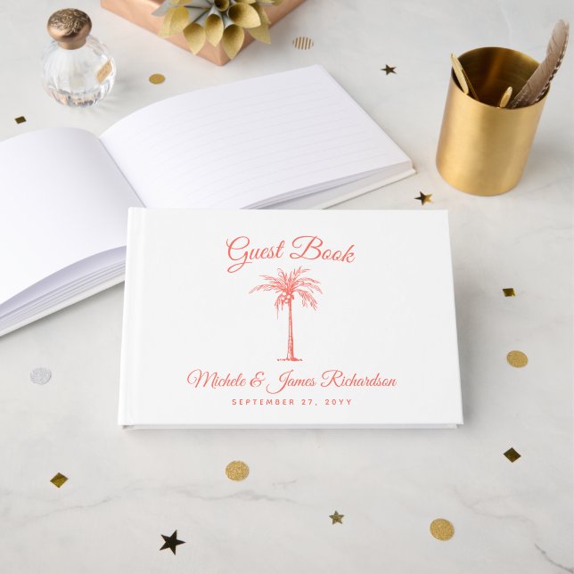 Modern Coral Palm Tree Tropical Beach Wedding Guest Book (Front Open)