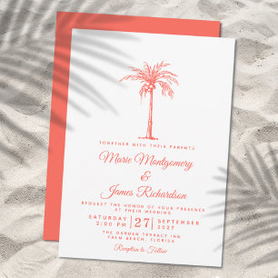 Modern Coral Palm Tree Tropical Beach Wedding Invitation