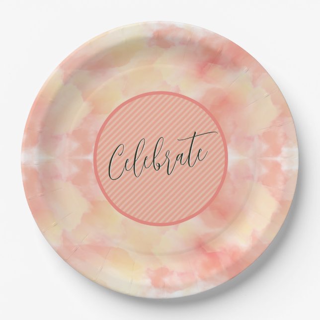 Modern Coral Peach Elegant Script Celebrate Paper Plate (Front)