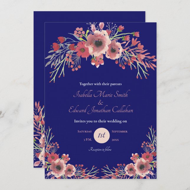Modern Coral Peony Floral Navy Wedding Invitation (Front/Back)