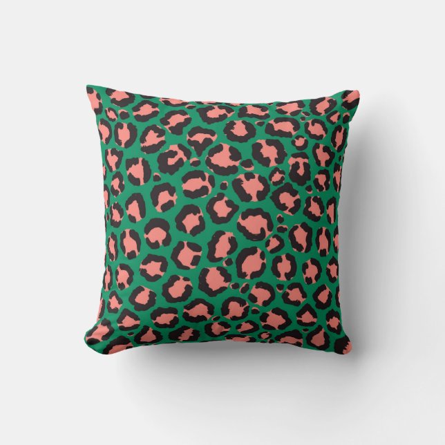 Modern Coral Pink Black Green Leopard Animal Print Cushion (Front)