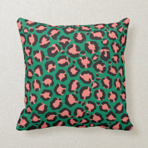 Modern Coral Pink Black Green Leopard Animal Print Cushion