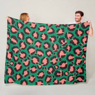 Modern Coral Pink Black Green Leopard Animal Print Fleece Blanket
