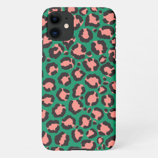 Modern Coral Pink Black Green Leopard Animal Print iPhone 11 Case