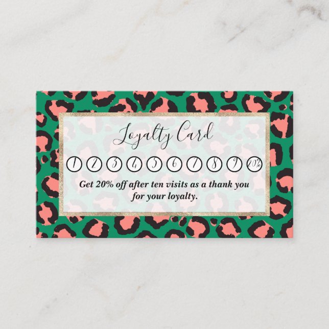 Modern Coral Pink Black Green Leopard Animal Print Loyalty Card (Front)