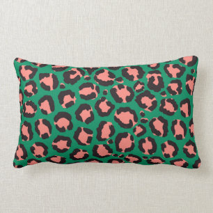 Modern Coral Pink Black Green Leopard Animal Print Lumbar Cushion