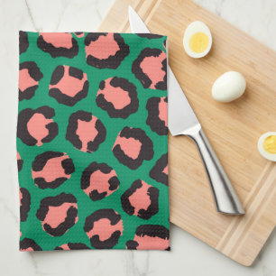 Modern Coral Pink Black Green Leopard Animal Print Tea Towel