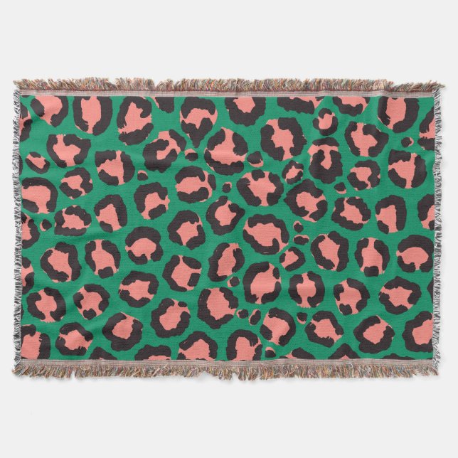 Modern Coral Pink Black Green Leopard Animal Print Throw Blanket (Front)