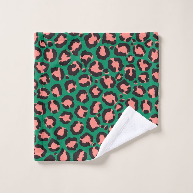 Modern Coral Pink Black Green Leopard Animal Print Wash Cloth (Wash Cloth)