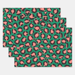 Modern Coral Pink Black Green Leopard Animal Print Wrapping Paper Sheet