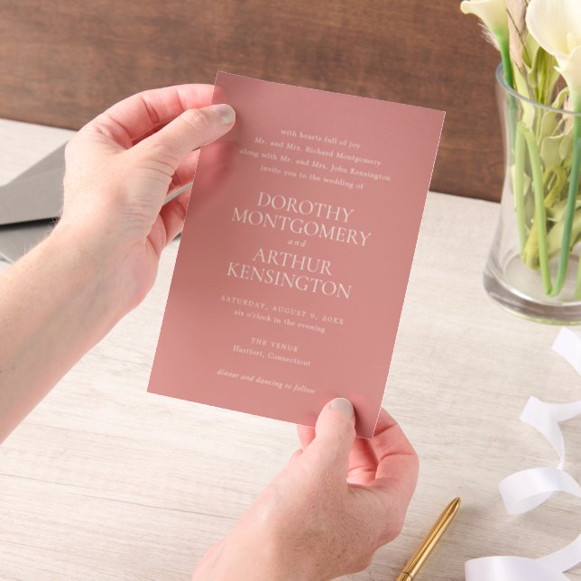 Modern Coral Pink Elegant Wedding Vellum Invitations (Handheld)