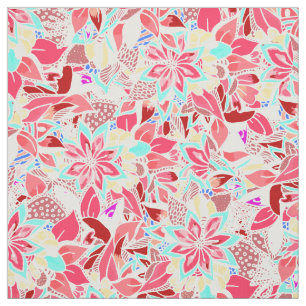 Modern coral pink hand drawn flowers fabric