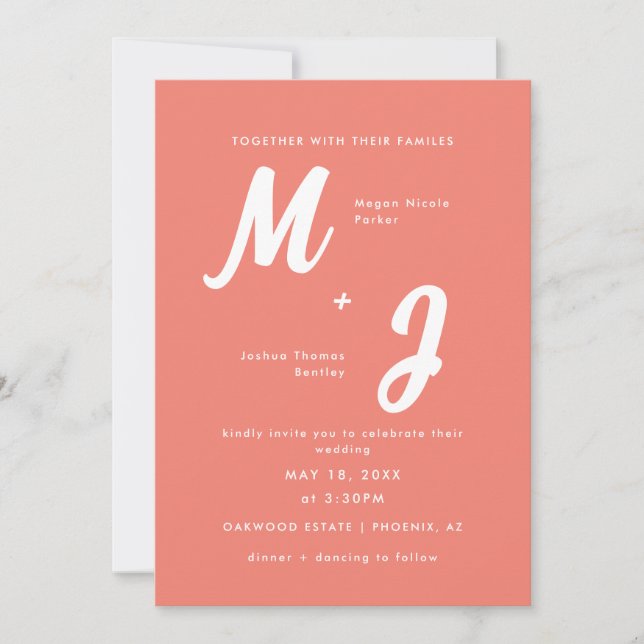 Modern Coral Pink Monogram All-in-One Wedding  Invitation (Front)