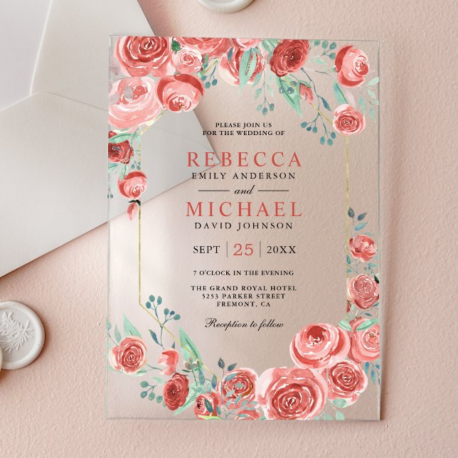 Modern Coral Pink Roses Floral Wedding Acrylic Invitations (Creator Uploaded)