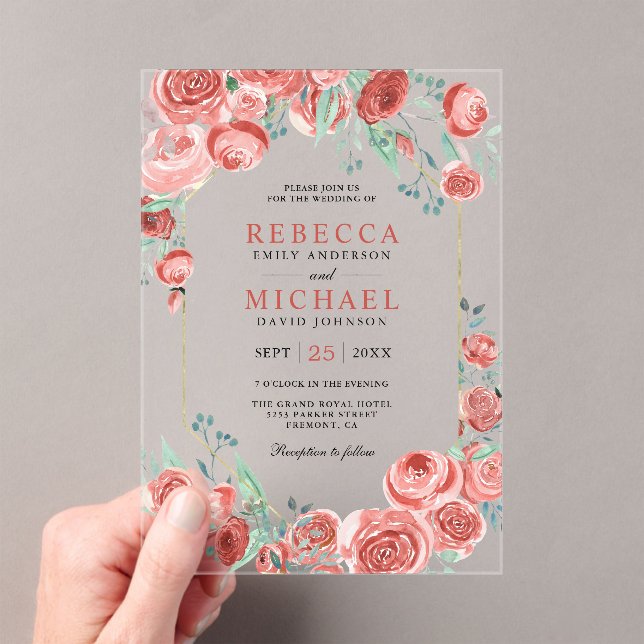Modern Coral Pink Roses Floral Wedding Acrylic Invitations (Insitu (Handheld))