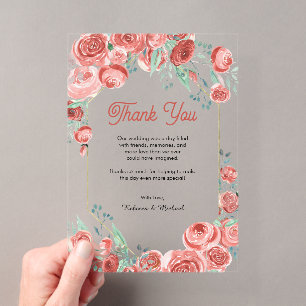 Modern Coral Pink Roses Floral Wedding Thank You Acrylic Invitations