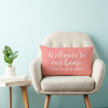 Modern Coral Pink Welcome Home Custom Last Name Lumbar Cushion<br><div class="desc">Modern coral orange pink and white "Welcome to Our Home" lumbar pillow features stylish script text with custom sans serif monogram text that can be personalised with your family's last name. Indoor and outdoor pillow fabrics are available.</div>