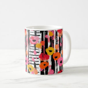Modern Coral Poppy with Black Brushstrokes Coffee Mug