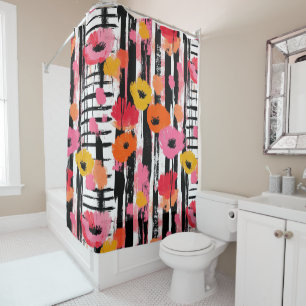 Modern Coral Poppy with Black Brushstrokes Shower Curtain