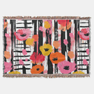 Modern Coral Poppy with Black Brushstrokes Throw Blanket