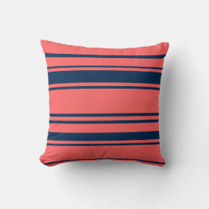 Modern Coral Red And Blue Stripes Pattern Cushion