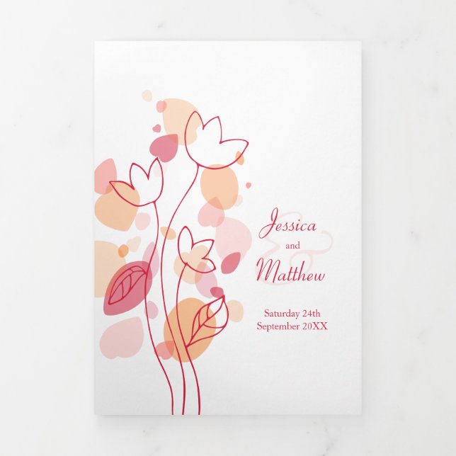 Modern coral red confetti flower petals Wedding Tri-Fold Programme (Cover)