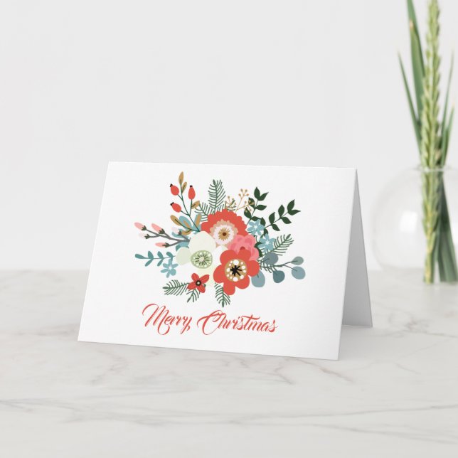Modern Coral Red Floral Foliage Christmas Photo Holiday Card (Front)