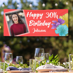 Modern Coral Red Floral Happy 30th Birthday Photo Banner