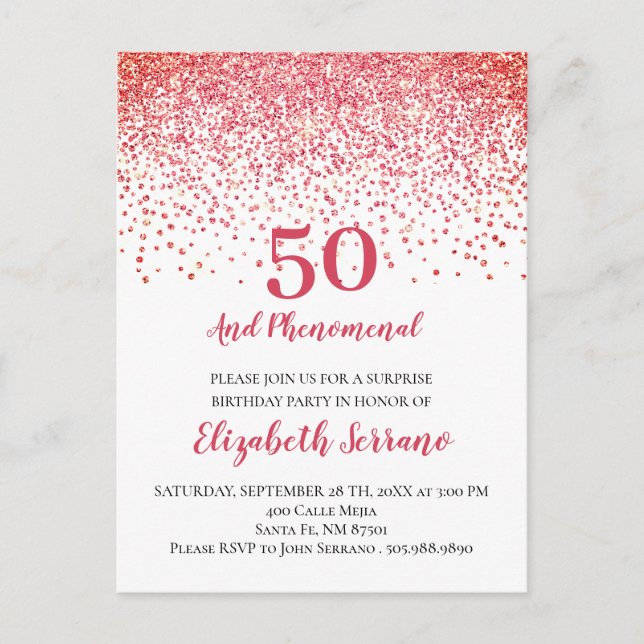 Modern Coral Red Glitter Confetti 50th Birthday  Invitation Postcard (Front)