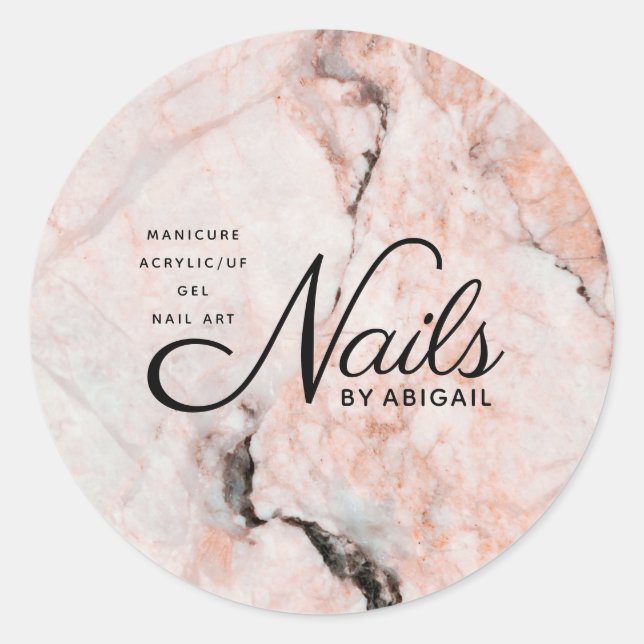 Modern Coral Rose Marble Nails By "Name" Classic Round Sticker (Front)
