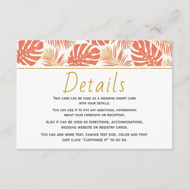 Modern coral tropical leaves wedding details enclosure card (Front)