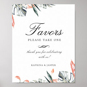 Modern Coral Tropics Favour Wedding Sign