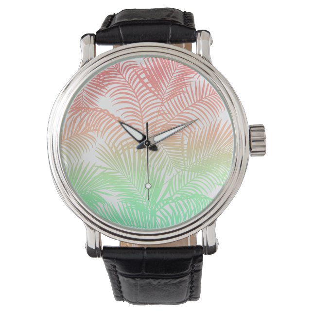 Modern coral turquoise tropical palm trees pattern watch (Front)