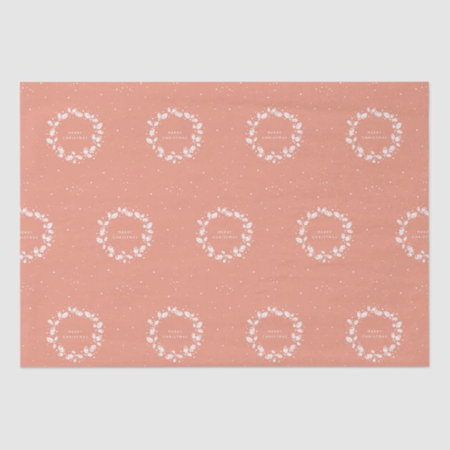 Modern Coral + White Merry Christmas Holly Wreath Tissue Paper (Front)