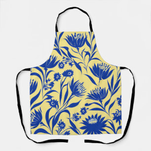 Modern Cornflower Blue Floral On Yellow Apron