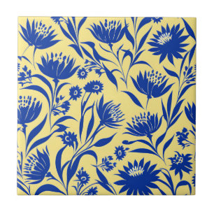 Modern Cornflower Blue Floral On Yellow Ceramic Tile