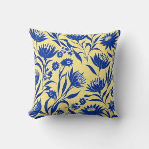 Modern Cornflower Blue Floral On Yellow Cushion