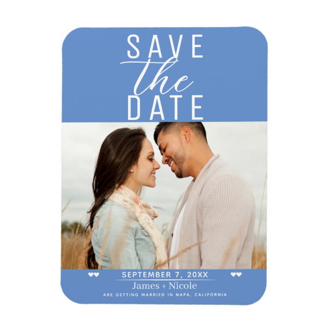 Modern Cornflower Blue Save the Date Wedding Photo Magnet (Vertical)