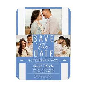 Modern Cornflower Save the Date 3 Photo Wedding Magnet