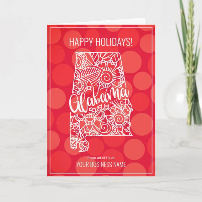 Modern Corporate Christmas Red Dot Mandala Alabama Holiday Card (Front)