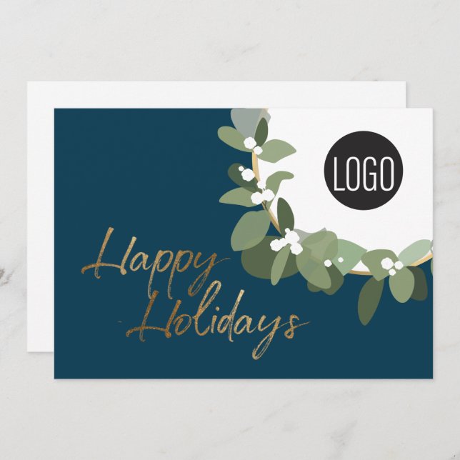 Modern Corporate Logo Happy Holidays Blue Holiday Card (Front/Back)