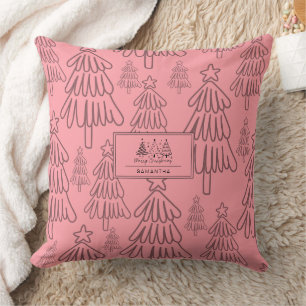 Modern Cottagecore Pink Evergreen Tree Christmas Cushion