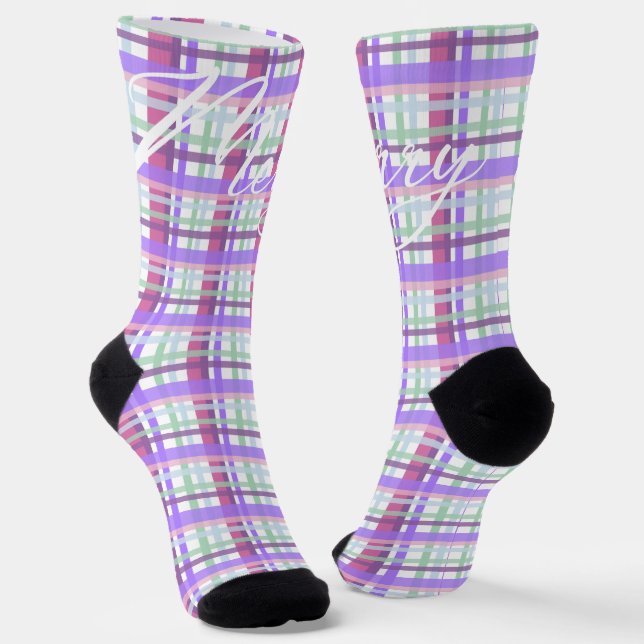 Modern Cotten Candy Merry Christmas Plaid Crew Socks (Angled)
