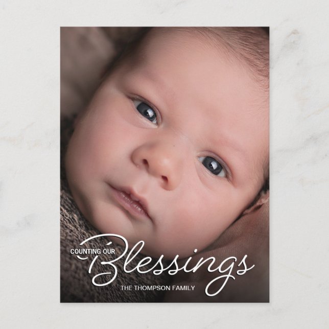 Modern Counting our blessings baby photo newborn Announcement Postcard (Front)