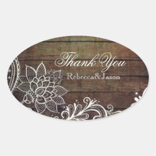 modern country barn wood lace rustic wedding oval sticker