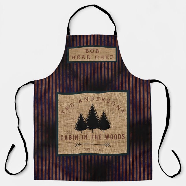 Modern Country Family Name Cabin in Wood Head Chef Apron (Front)