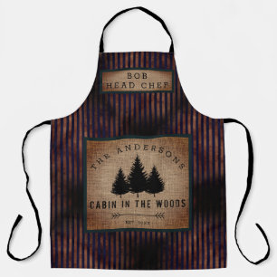 Modern Country Family Name Cabin in Wood Head Chef Apron