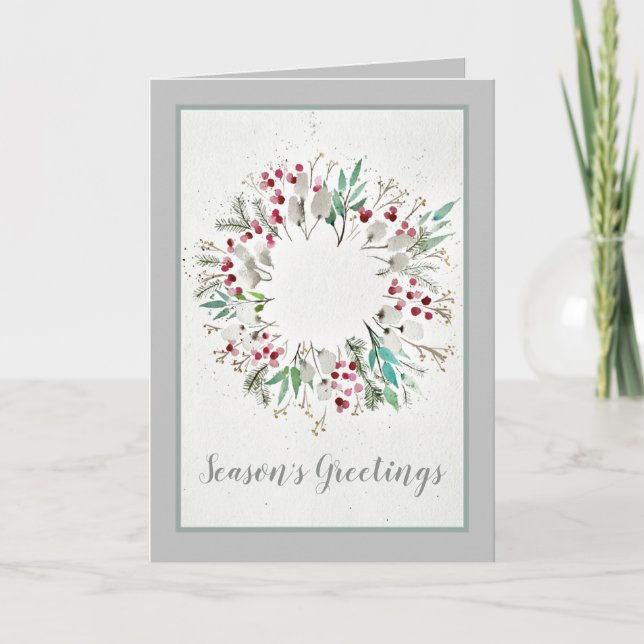 Modern Country Holly Pine Wreath Christmas Holiday Card (Front)